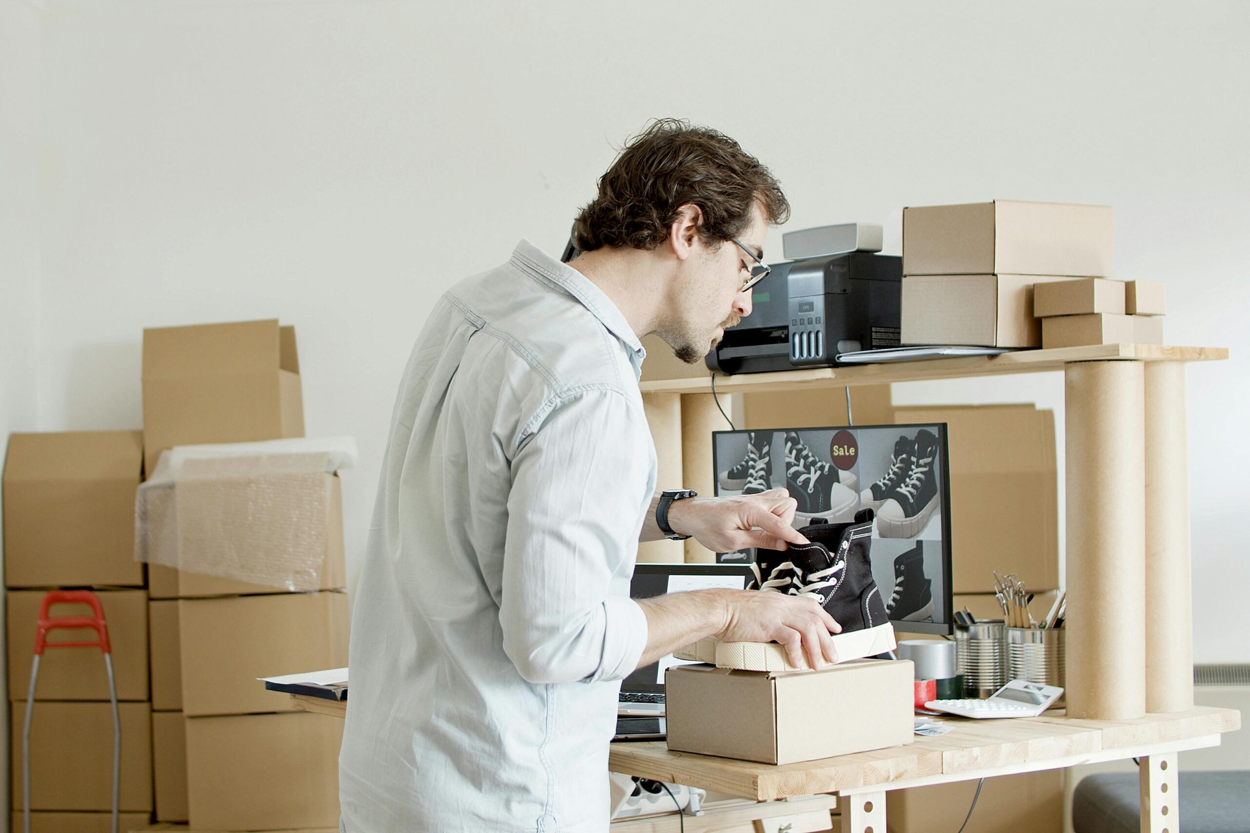 A businessman working in an online store packing shoes in a cardboard box.